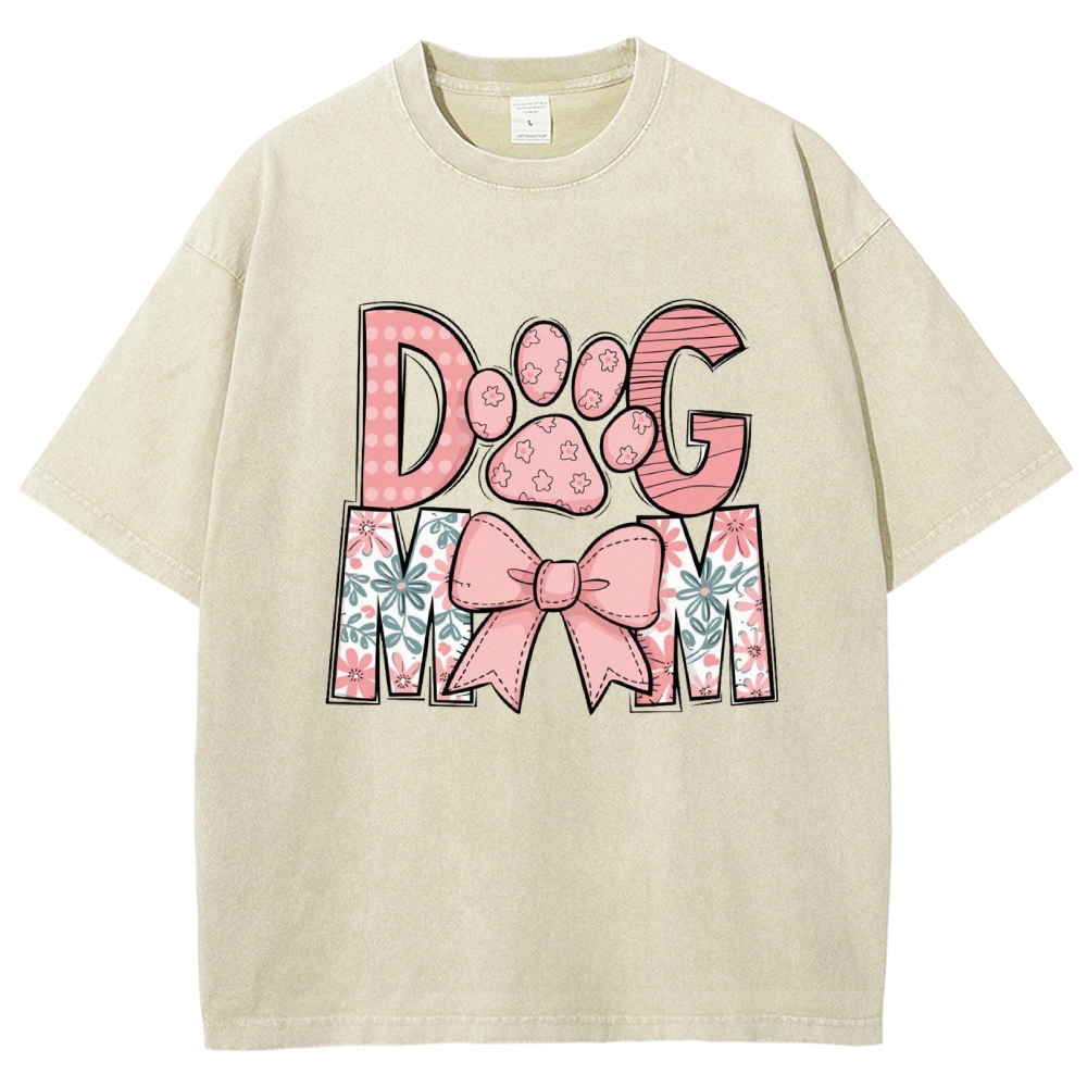 Dog Mom Cartoon Letter Printed Washed Tee