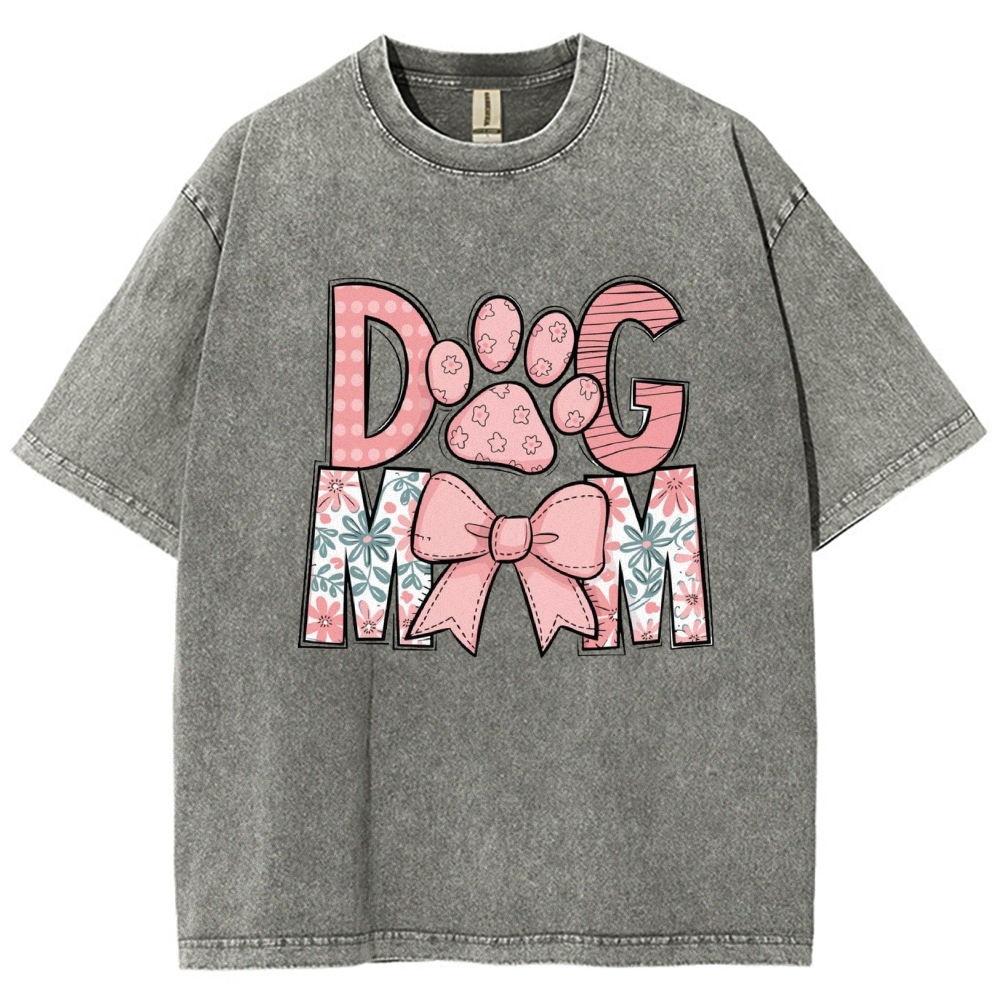 Dog Mom Cartoon Letter Printed Washed Tee