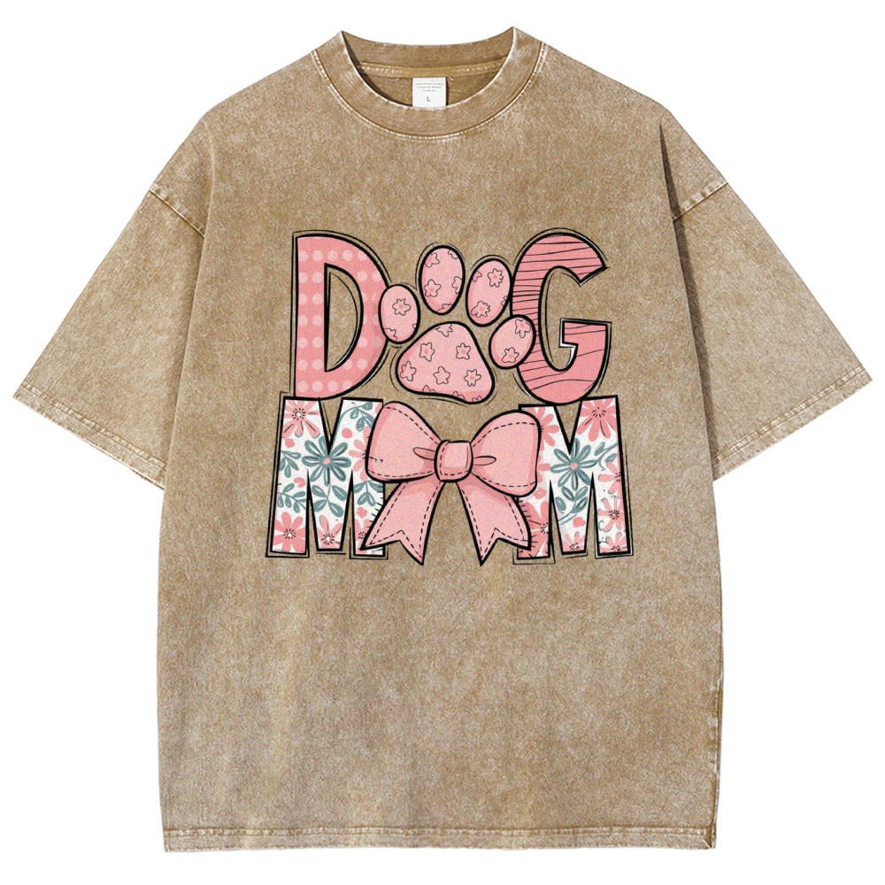 Dog Mom Cartoon Letter Printed Washed Tee