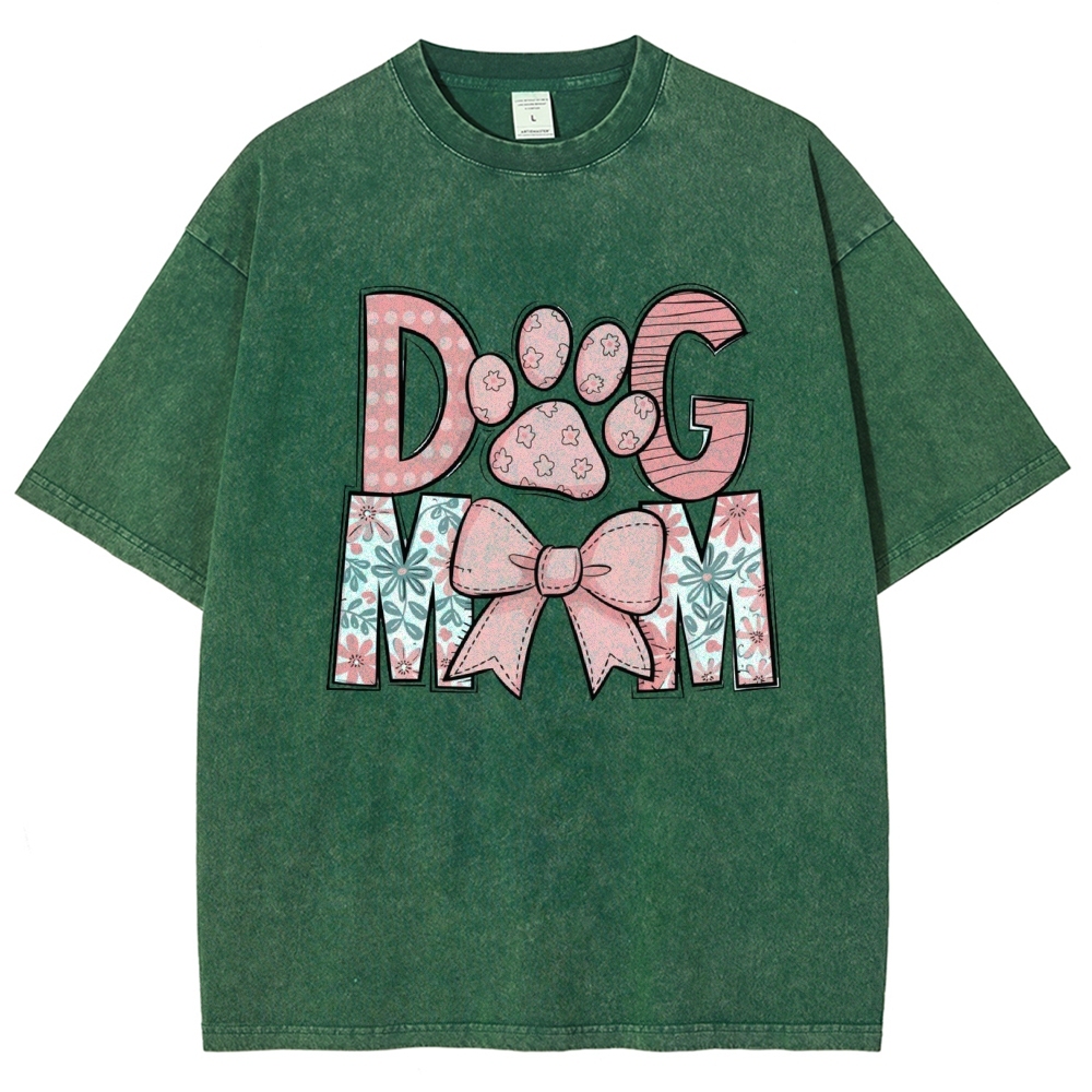 Dog Mom Cartoon Letter Printed Washed Tee