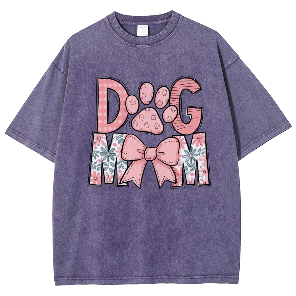 Dog Mom Cartoon Letter Printed Washed Tee