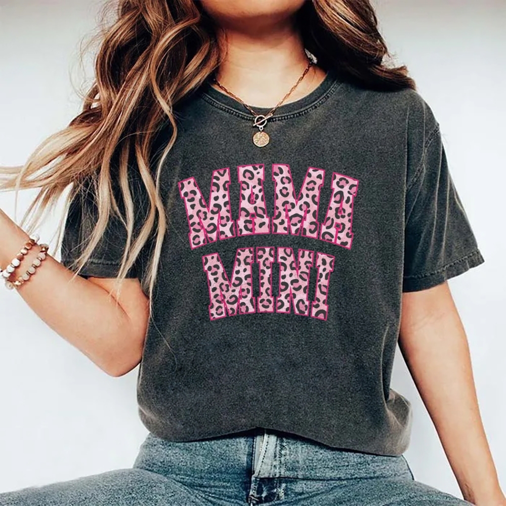 Mom Letter Pink Leopard Printed Washed Tee