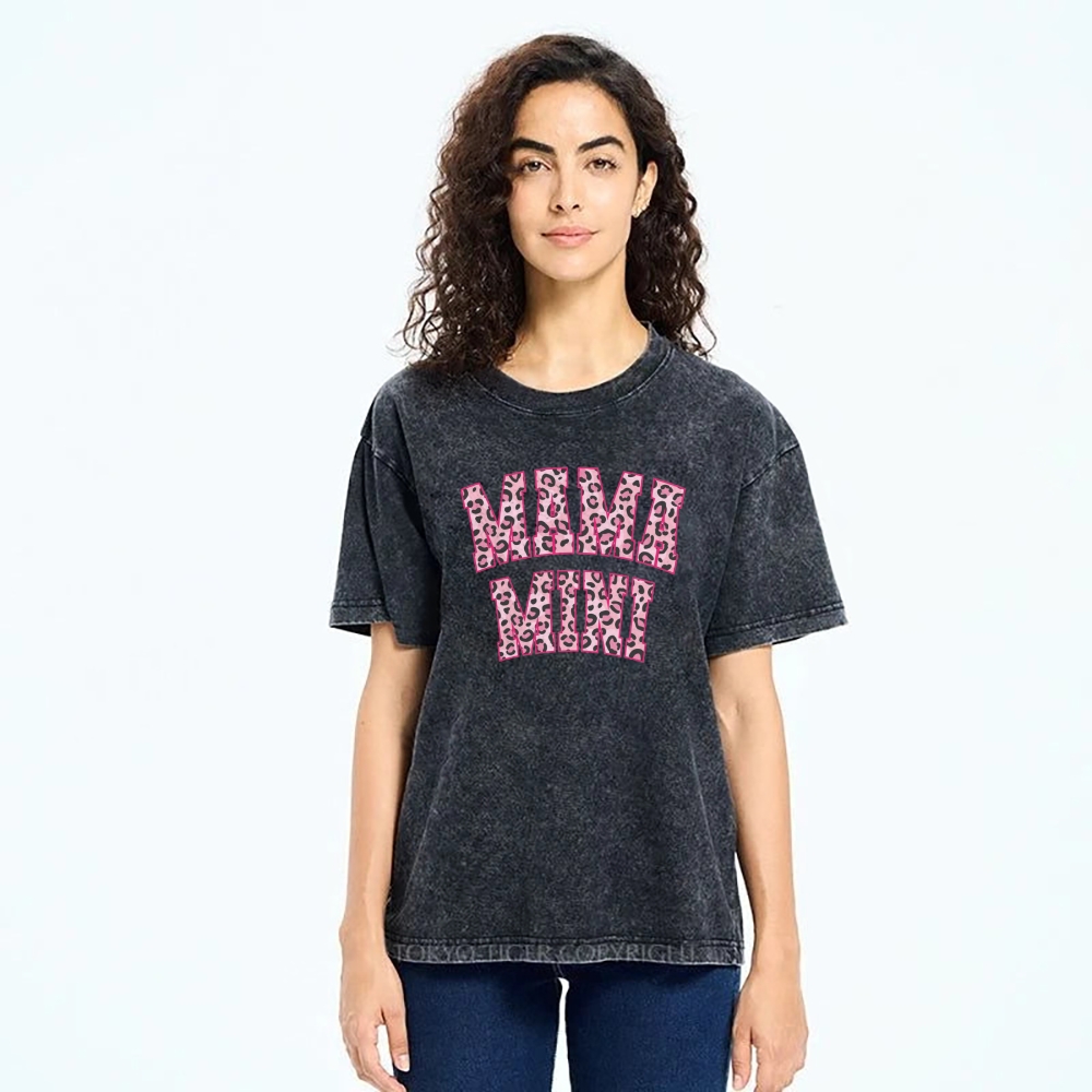 Mom Letter Pink Leopard Printed Washed Tee