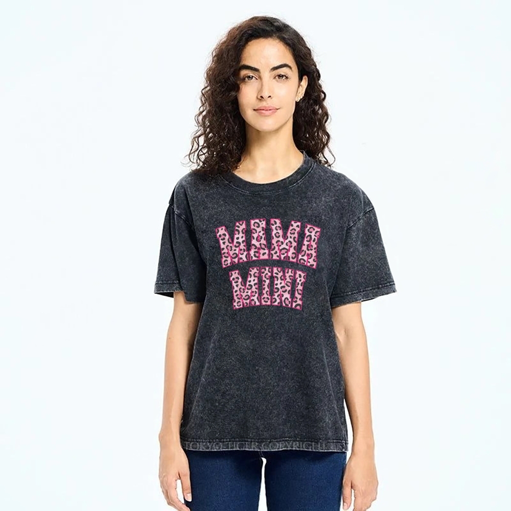 Mom Letter Pink Leopard Printed Washed Tee