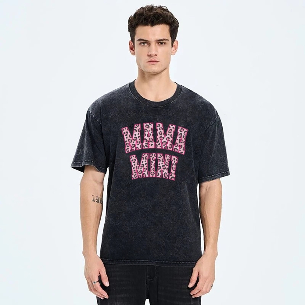 Mom Letter Pink Leopard Printed Washed Tee