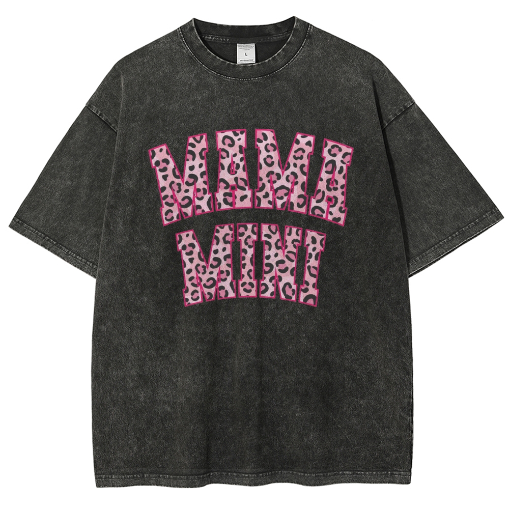 Mom Letter Pink Leopard Printed Washed Tee