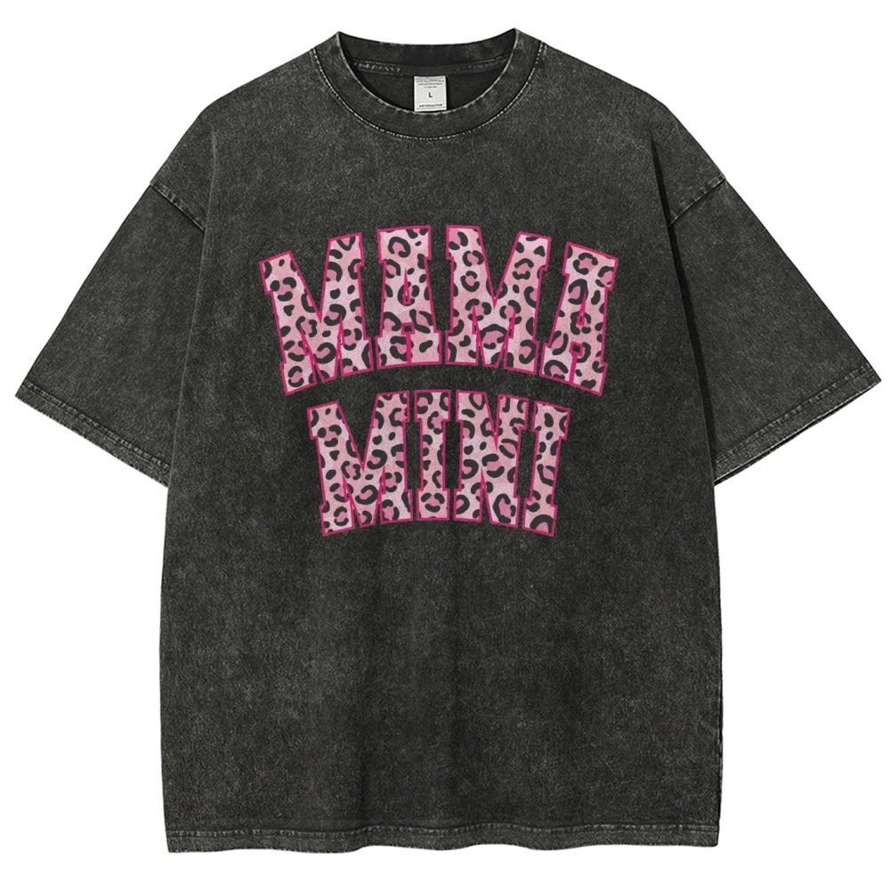 Mom Letter Pink Leopard Printed Washed Tee