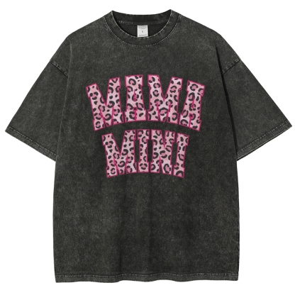Mom Letter Pink Leopard Printed Washed Tee