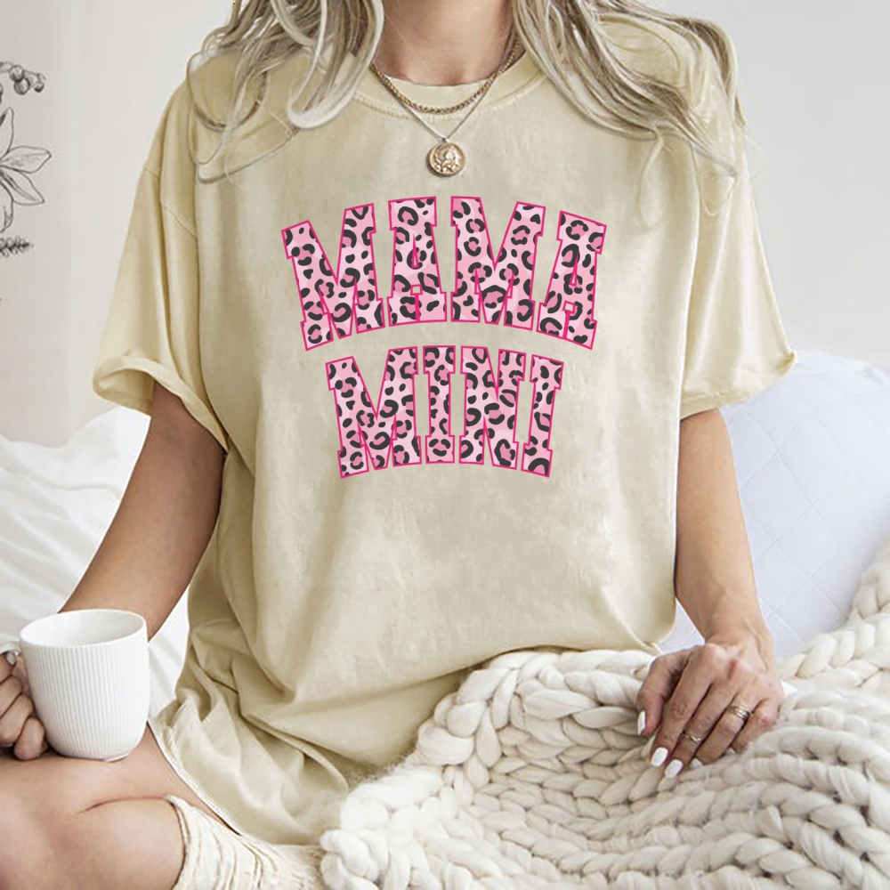 Mom Letter Pink Leopard Printed Washed Tee