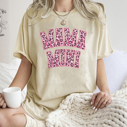 Mom Letter Pink Leopard Printed Washed Tee