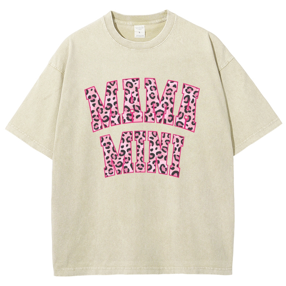 Mom Letter Pink Leopard Printed Washed Tee