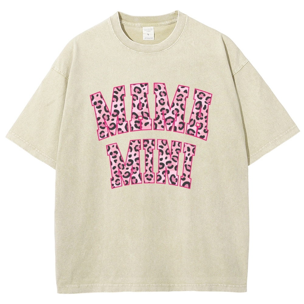 Mom Letter Pink Leopard Printed Washed Tee