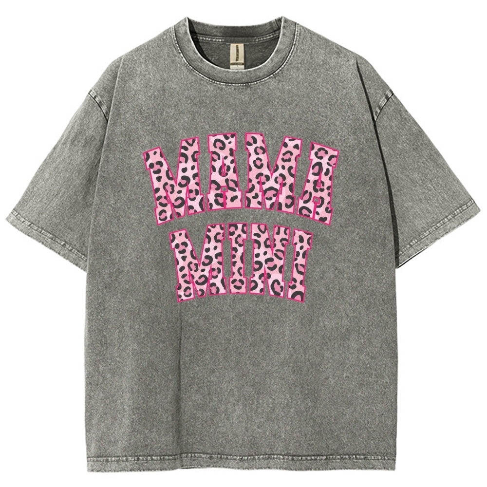 Mom Letter Pink Leopard Printed Washed Tee