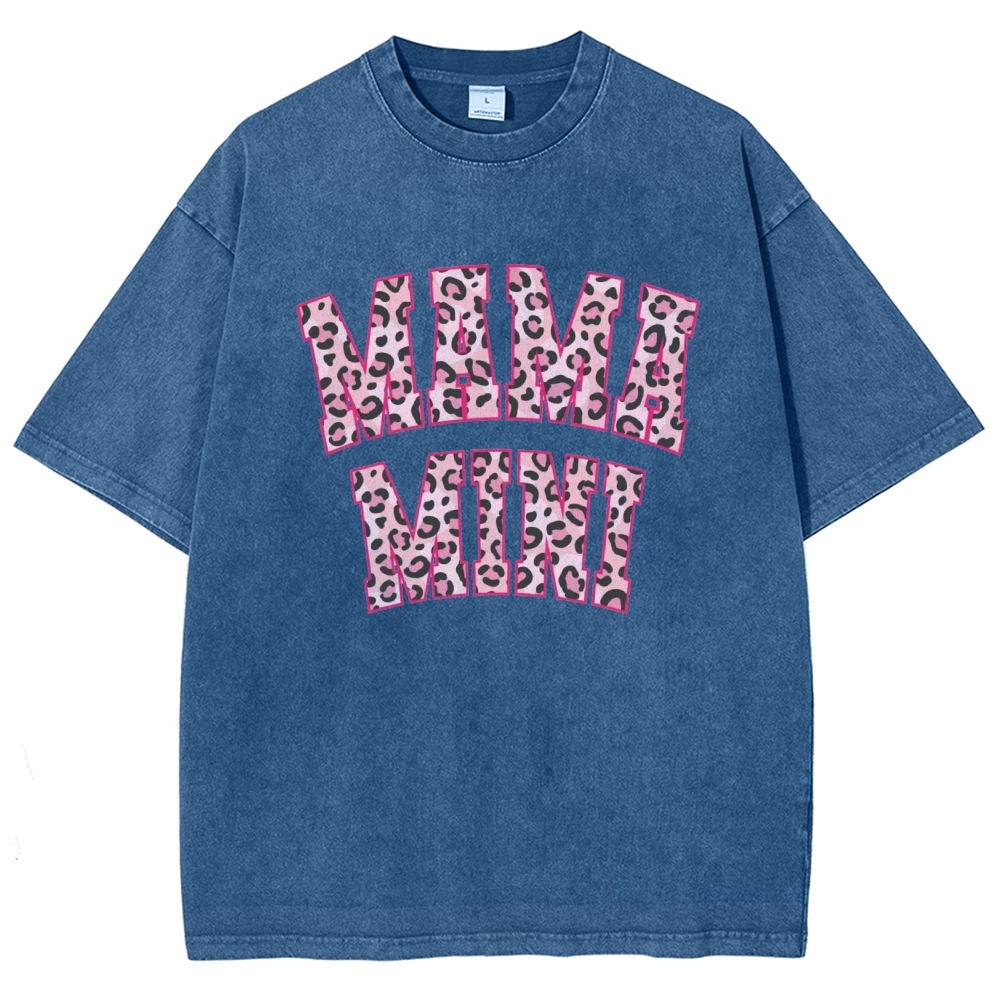 Mom Letter Pink Leopard Printed Washed Tee