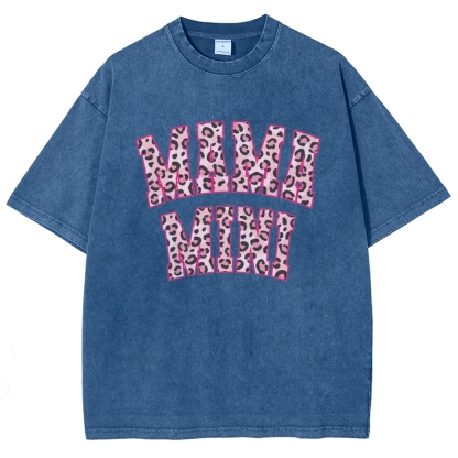 Mom Letter Pink Leopard Printed Washed Tee