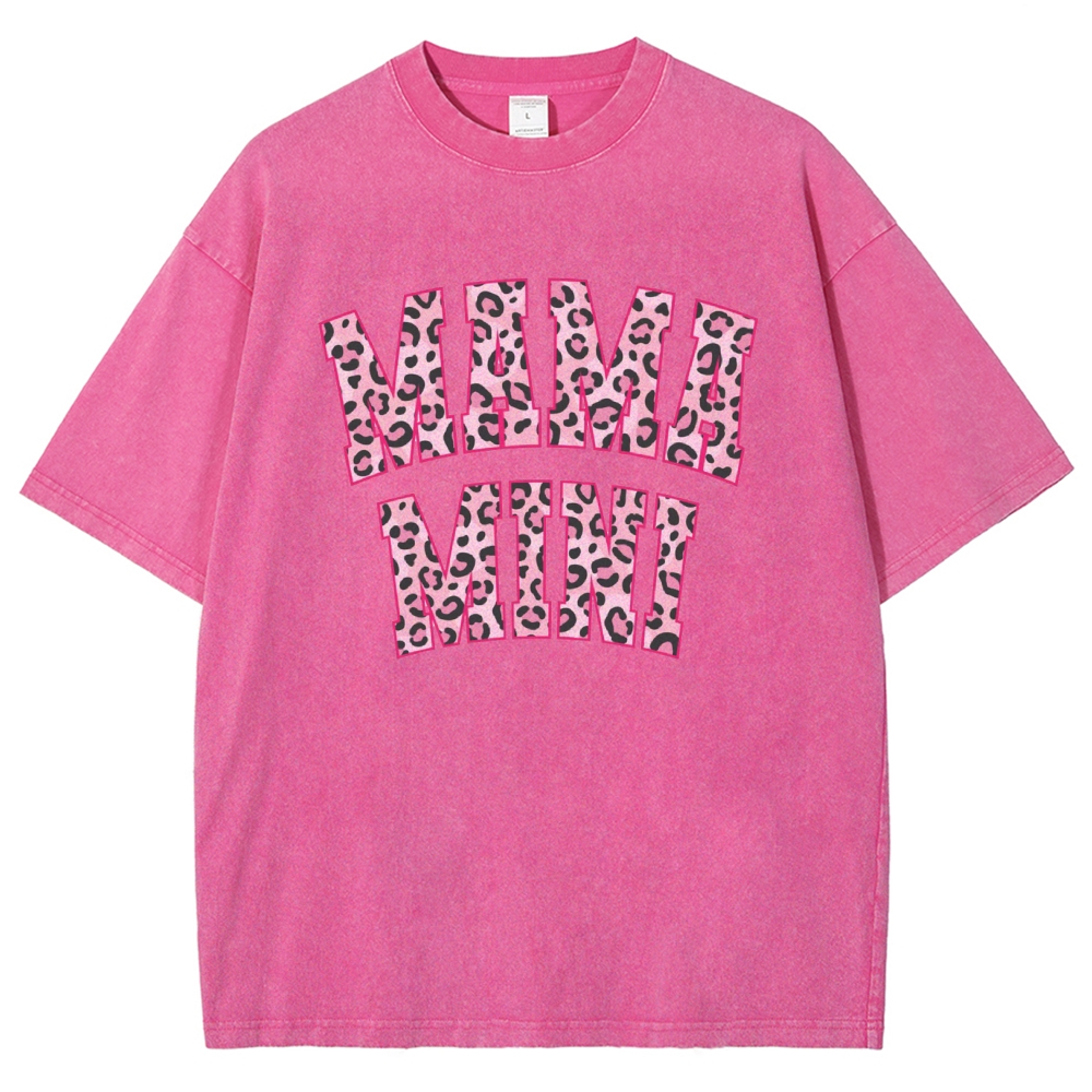 Mom Letter Pink Leopard Printed Washed Tee