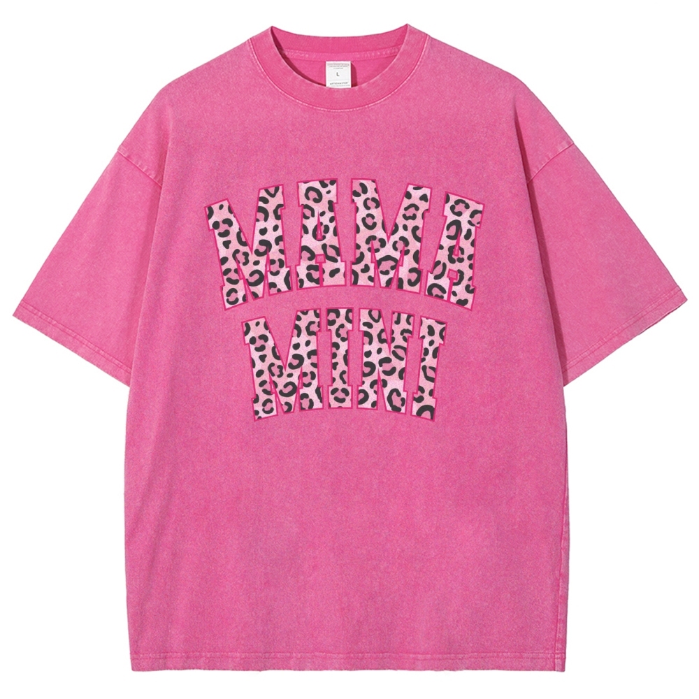 Mom Letter Pink Leopard Printed Washed Tee