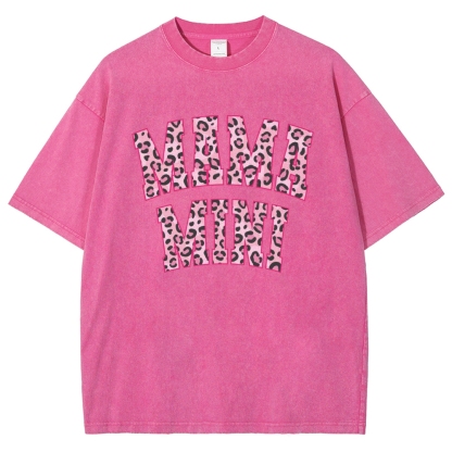 Mom Letter Pink Leopard Printed Washed Tee