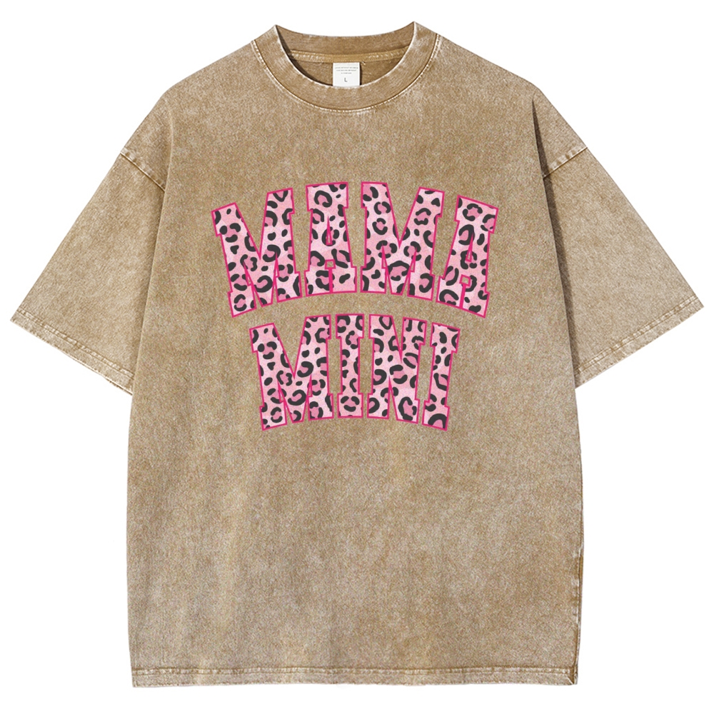 Mom Letter Pink Leopard Printed Washed Tee