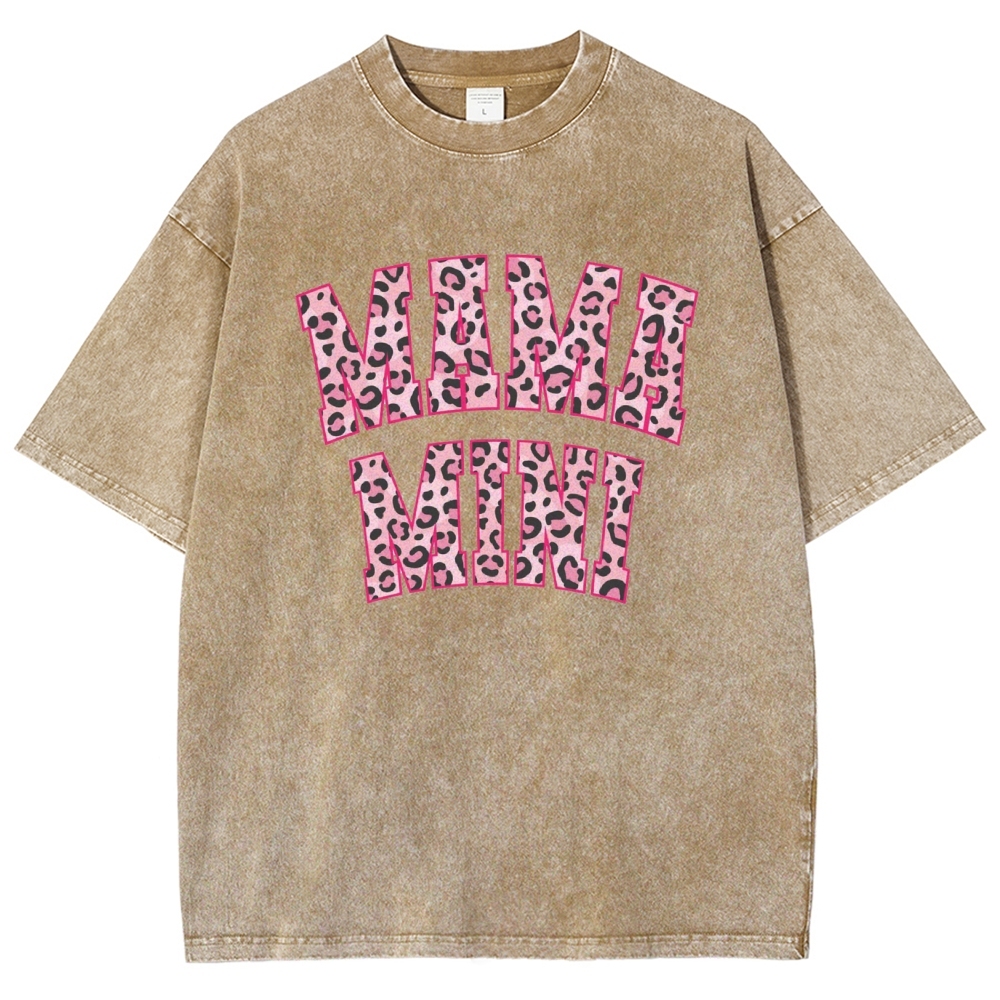 Mom Letter Pink Leopard Printed Washed Tee