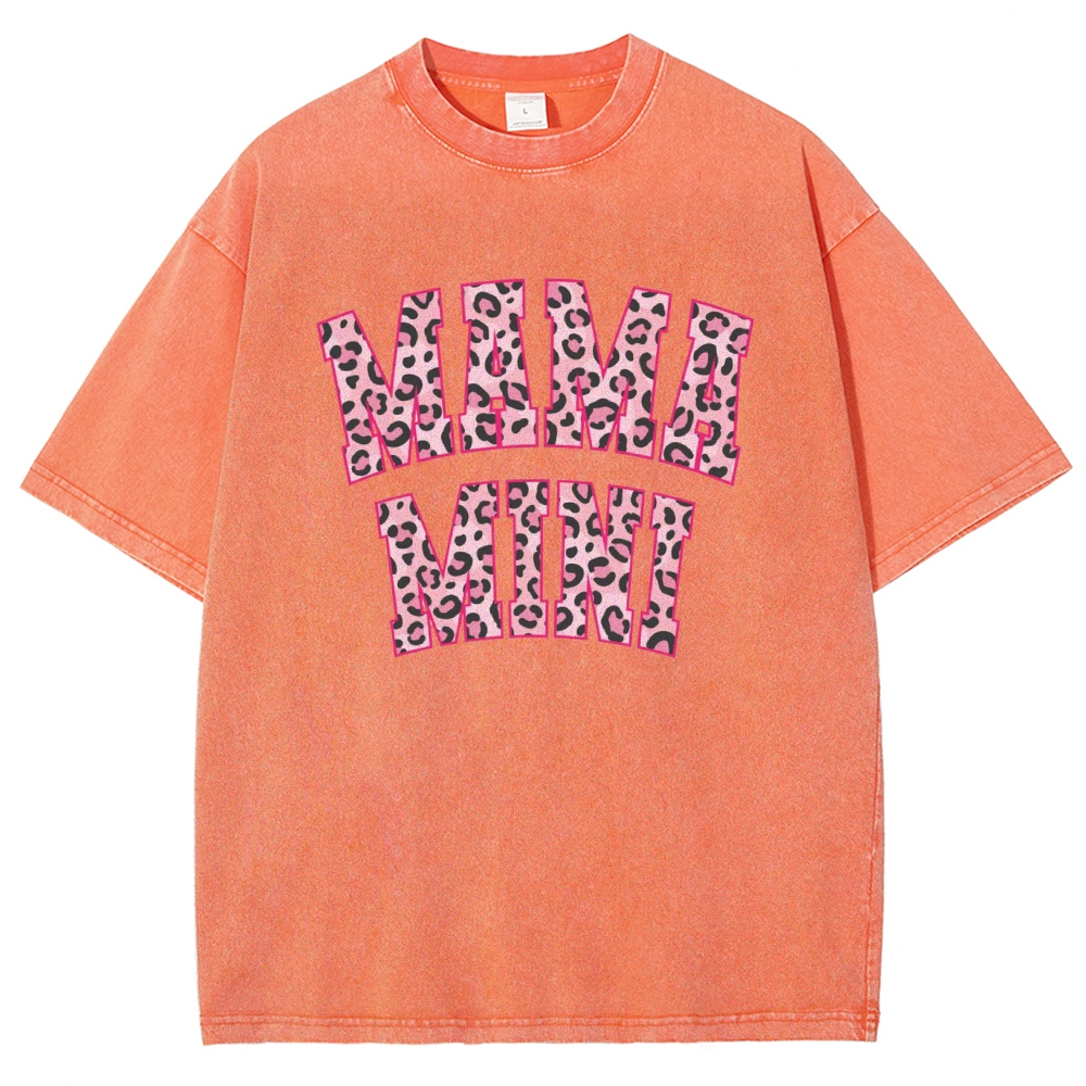 Mom Letter Pink Leopard Printed Washed Tee