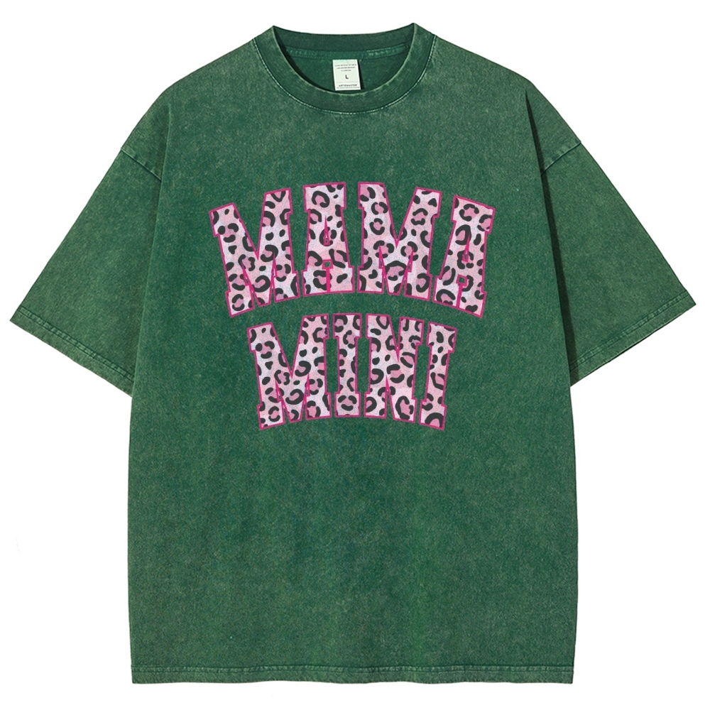 Mom Letter Pink Leopard Printed Washed Tee