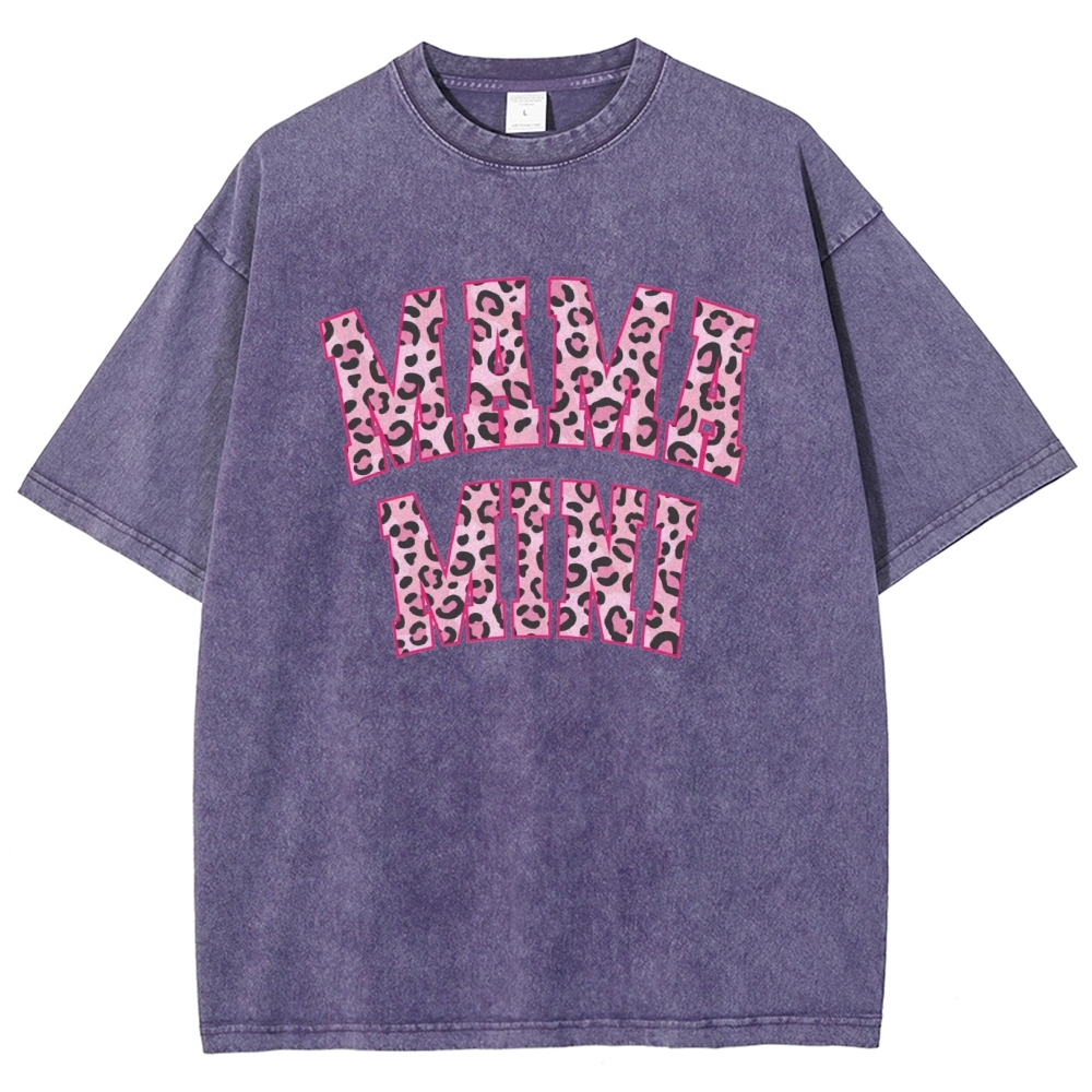 Mom Letter Pink Leopard Printed Washed Tee