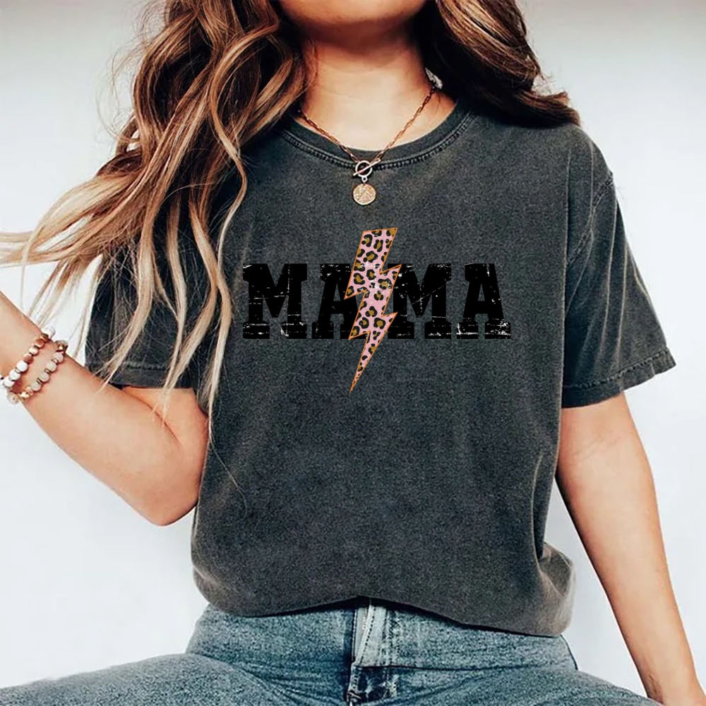 Mom Letter Pink Lightning Leopard Printed Washed Tee