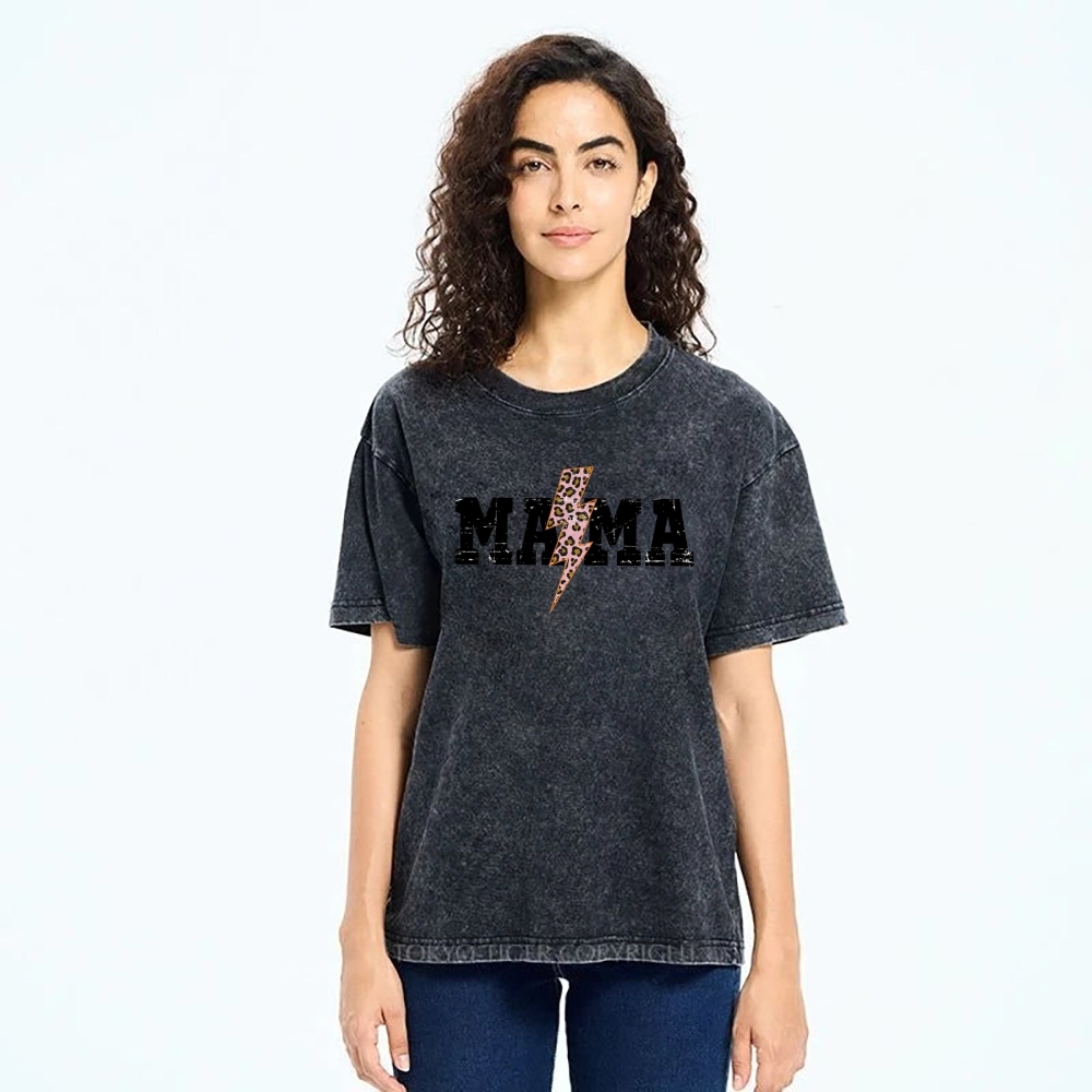 Mom Letter Pink Lightning Leopard Printed Washed Tee