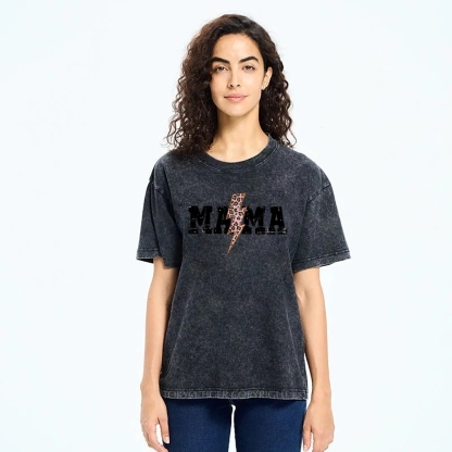 Mom Letter Pink Lightning Leopard Printed Washed Tee