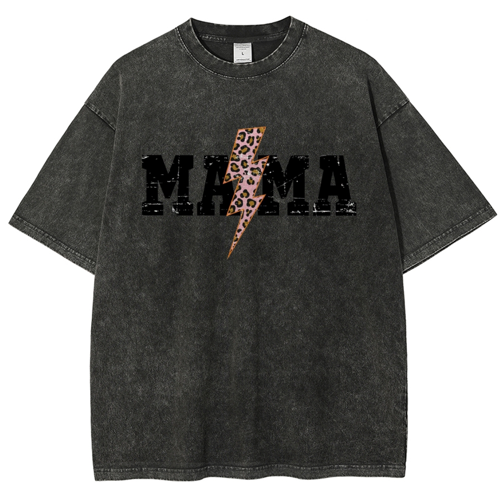 Mom Letter Pink Lightning Leopard Printed Washed Tee