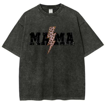 Mom Letter Pink Lightning Leopard Printed Washed Tee