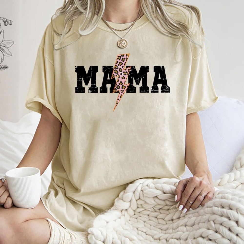 Mom Letter Pink Lightning Leopard Printed Washed Tee
