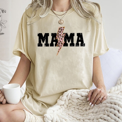 Mom Letter Pink Lightning Leopard Printed Washed Tee