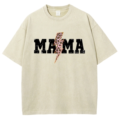 Mom Letter Pink Lightning Leopard Printed Washed Tee