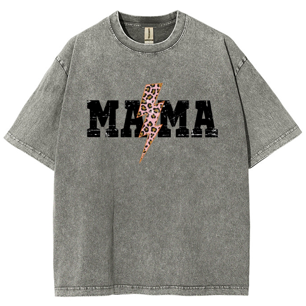 Mom Letter Pink Lightning Leopard Printed Washed Tee