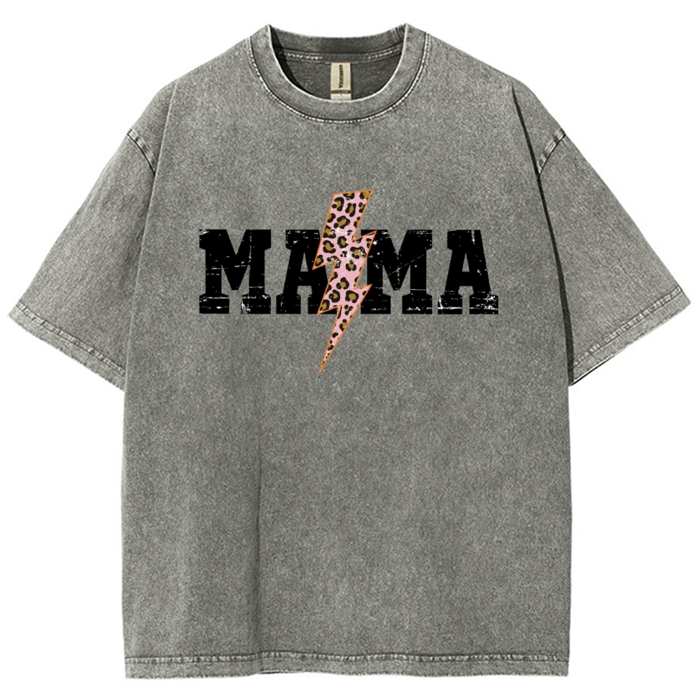 Mom Letter Pink Lightning Leopard Printed Washed Tee