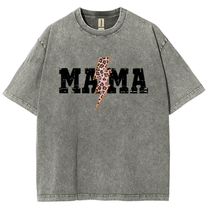 Mom Letter Pink Lightning Leopard Printed Washed Tee