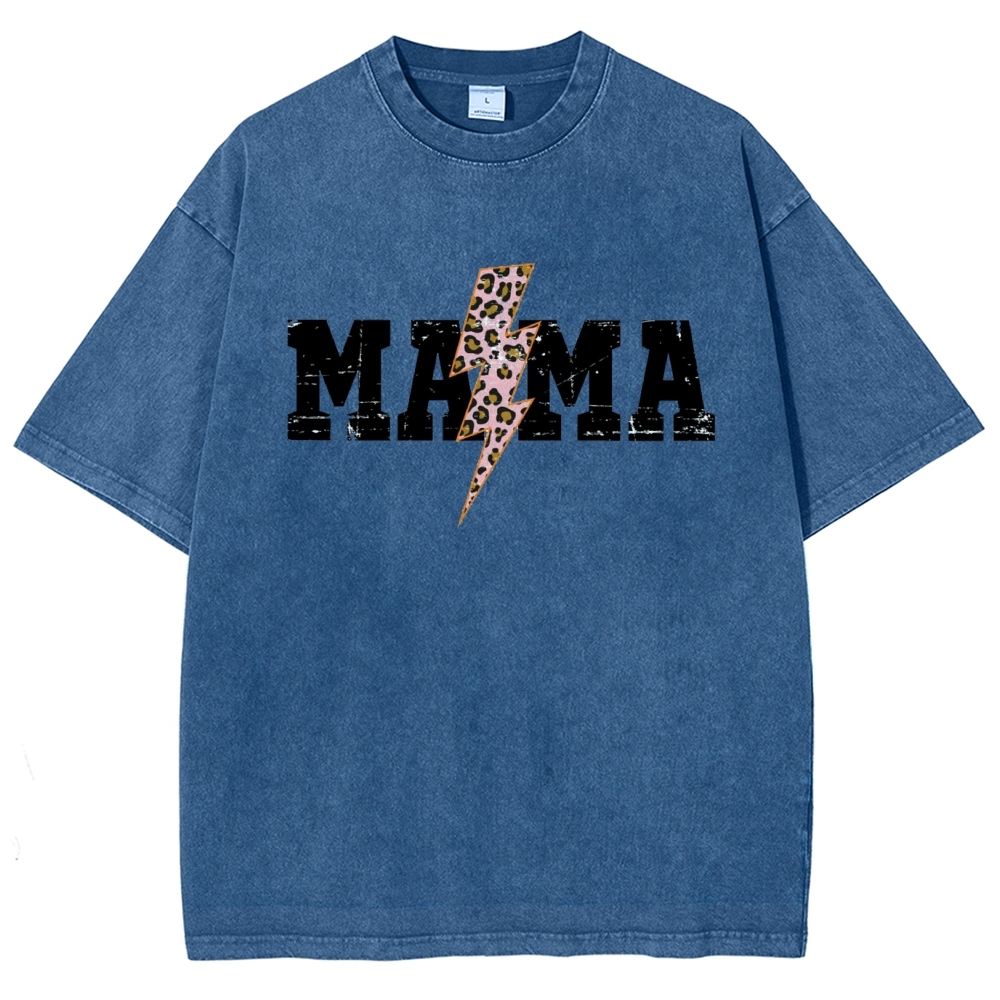 Mom Letter Pink Lightning Leopard Printed Washed Tee