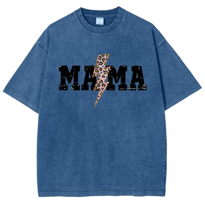 Mom Letter Pink Lightning Leopard Printed Washed Tee