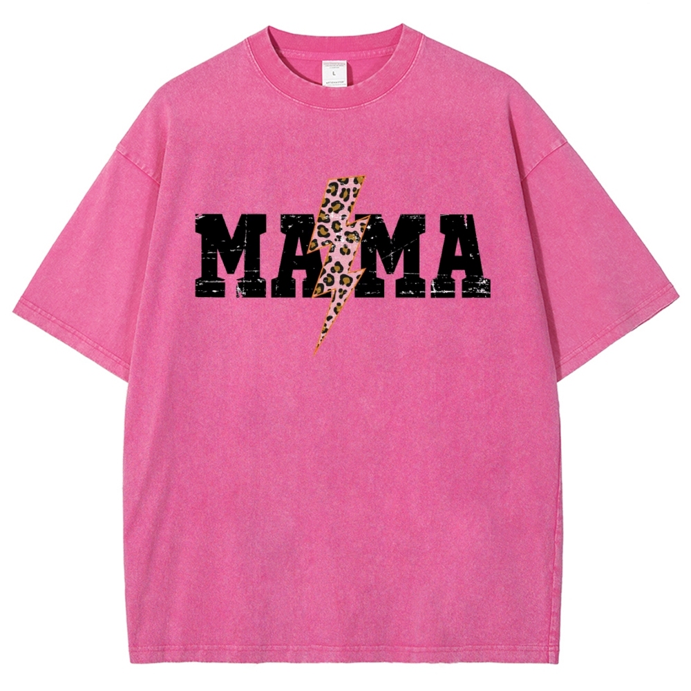 Mom Letter Pink Lightning Leopard Printed Washed Tee