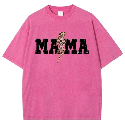 Mom Letter Pink Lightning Leopard Printed Washed Tee