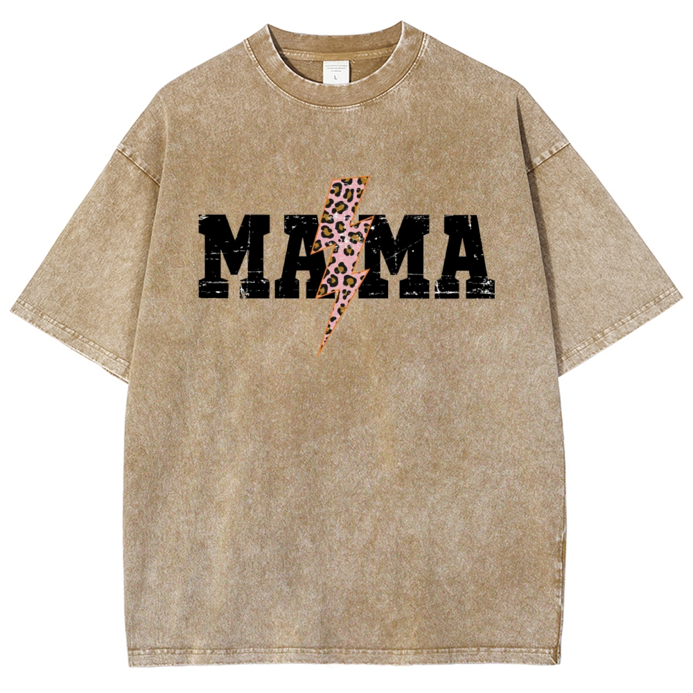 Mom Letter Pink Lightning Leopard Printed Washed Tee