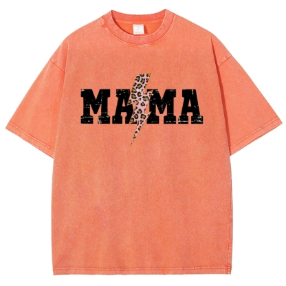 Mom Letter Pink Lightning Leopard Printed Washed Tee