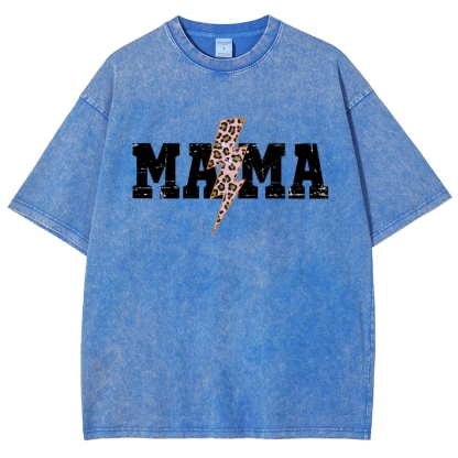 Mom Letter Pink Lightning Leopard Printed Washed Tee
