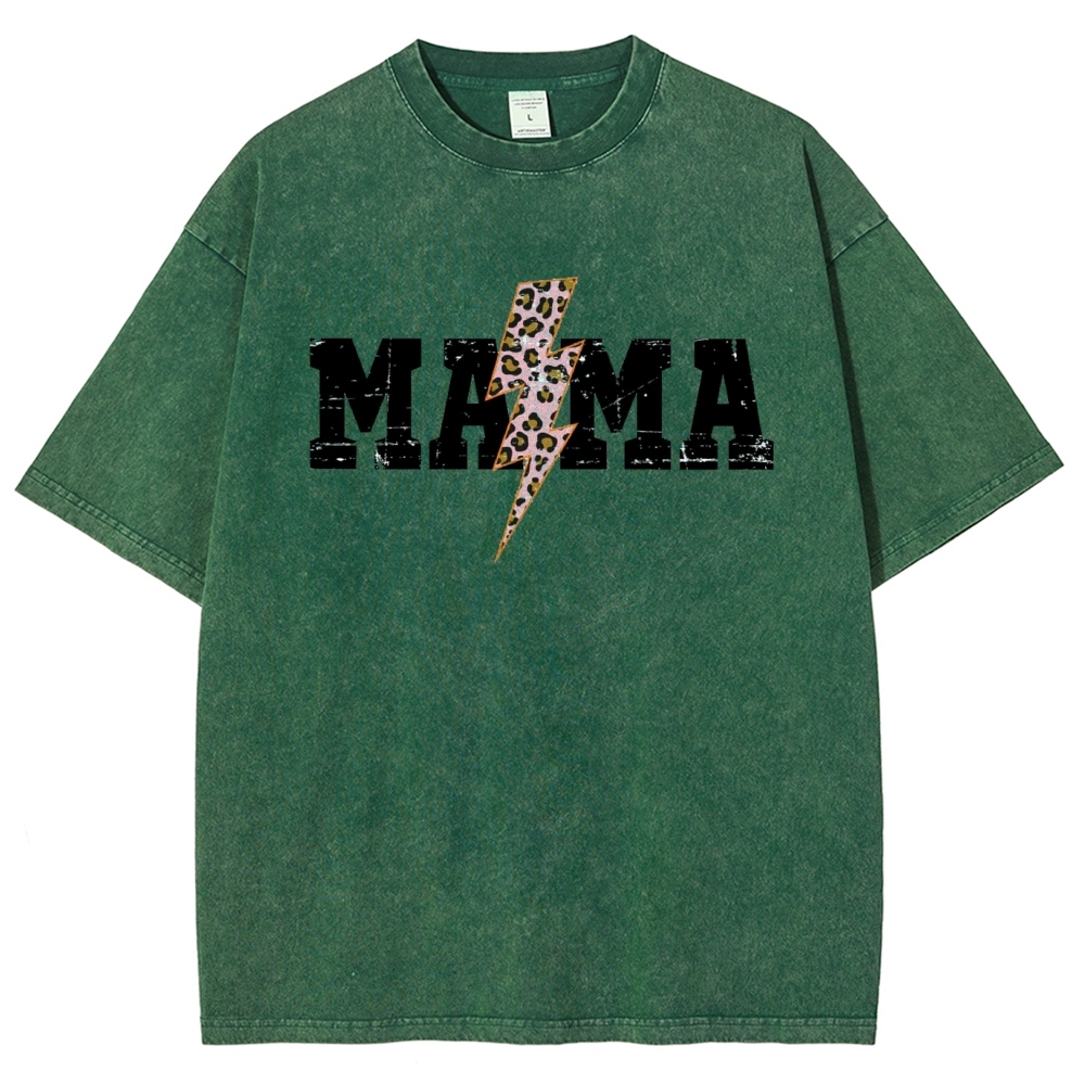 Mom Letter Pink Lightning Leopard Printed Washed Tee
