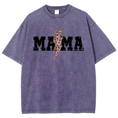 Mom Letter Pink Lightning Leopard Printed Washed Tee