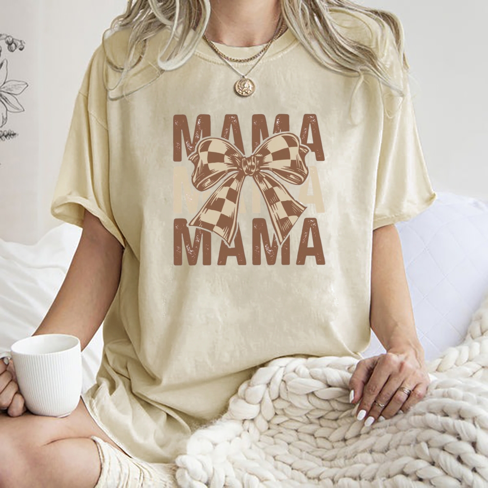 Unisex Mama Letter Bow Printed Washed Tee