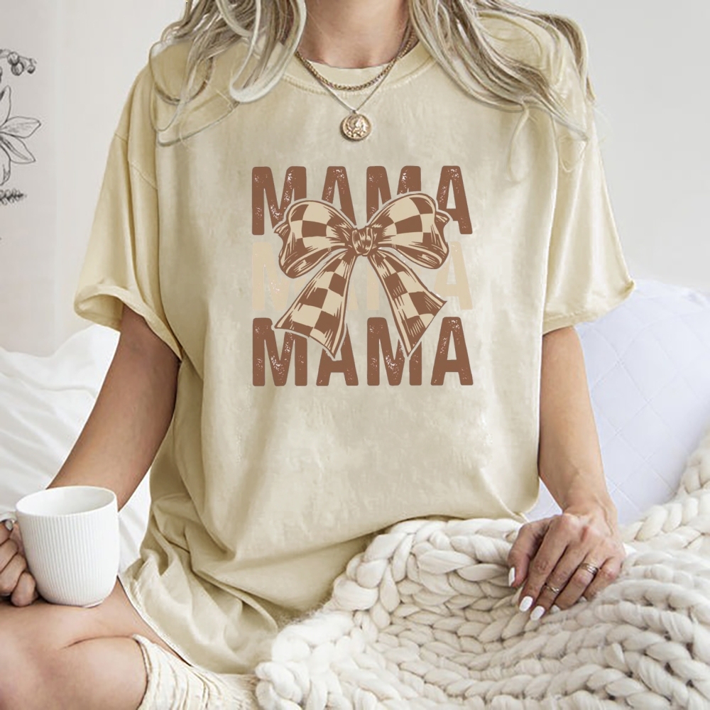 Unisex Mama Letter Bow Printed Washed Tee