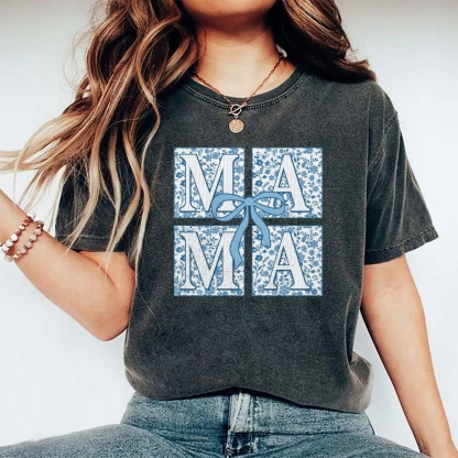 Mama Letter Flower Bow Printed Washed Tee